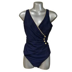 Robby Len One Piece Swimsuit Navy Gold Trim Woman’s Size 14T